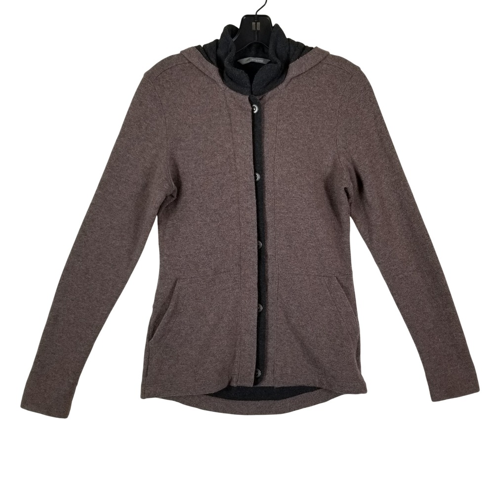 Horny Toad Hooded Cardigan Women XS Brown Wool Blend Button Front Sweater